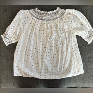 Loft small white cotton top with pink & gray stitching and dots